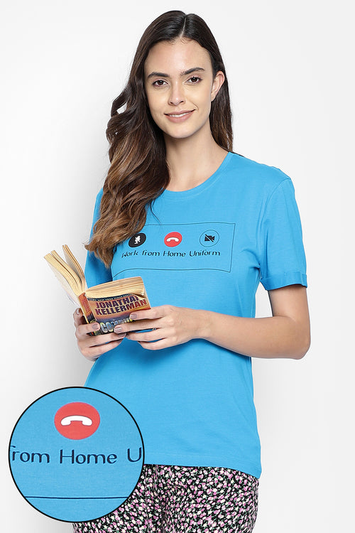 Text & Graphic Print Sleep T-shirt in Blue - 100% Cotton