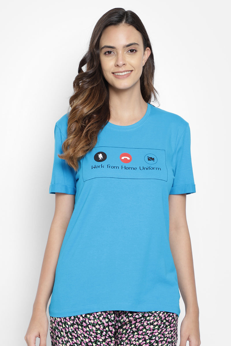 Text & Graphic Print Sleep T-shirt in Blue - 100% Cotton
