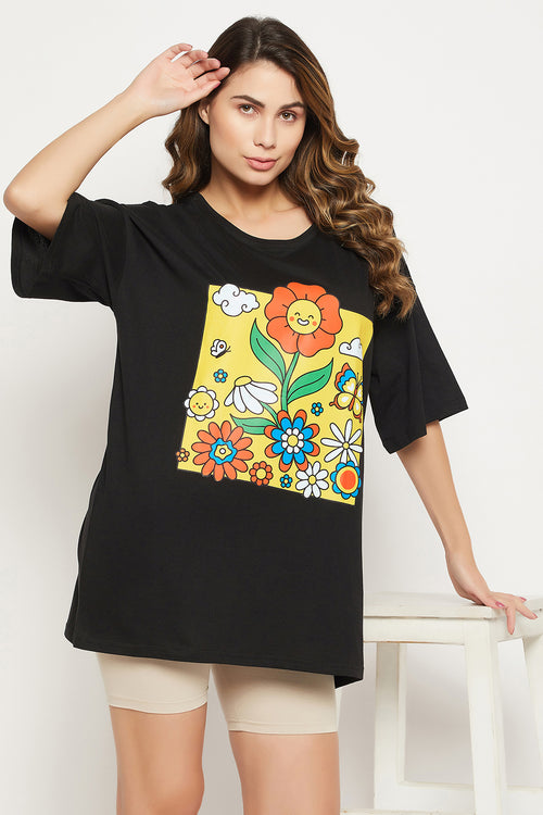 Graphic Print Oversized T-shirt in Black - 100% Cotton