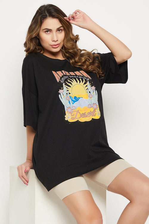 Graphic & Text Print Oversized T-shirt in Black - 100% Cotton