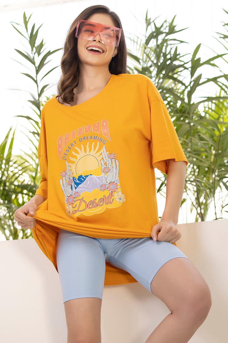 Graphic & Text Print Oversized T-shirt in Mustard Yellow - 100% Cotton