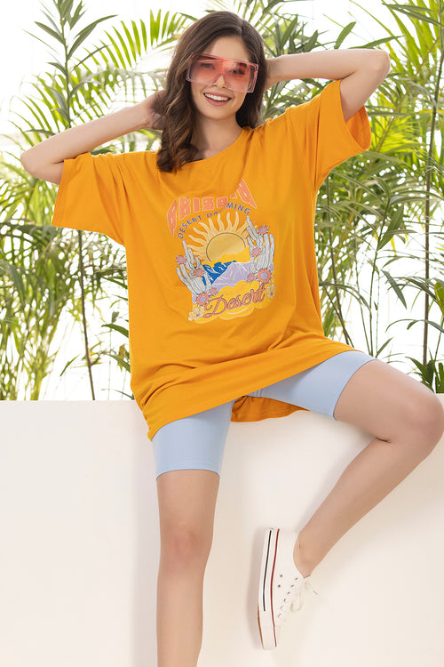 Graphic & Text Print Oversized T-shirt in Mustard Yellow - 100% Cotton
