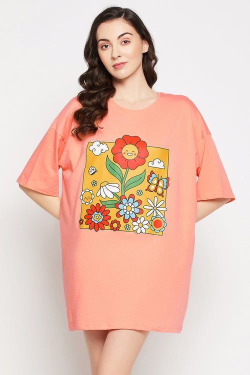 Graphic Print Oversized T-shirt in Peach Colour - 100% Cotton