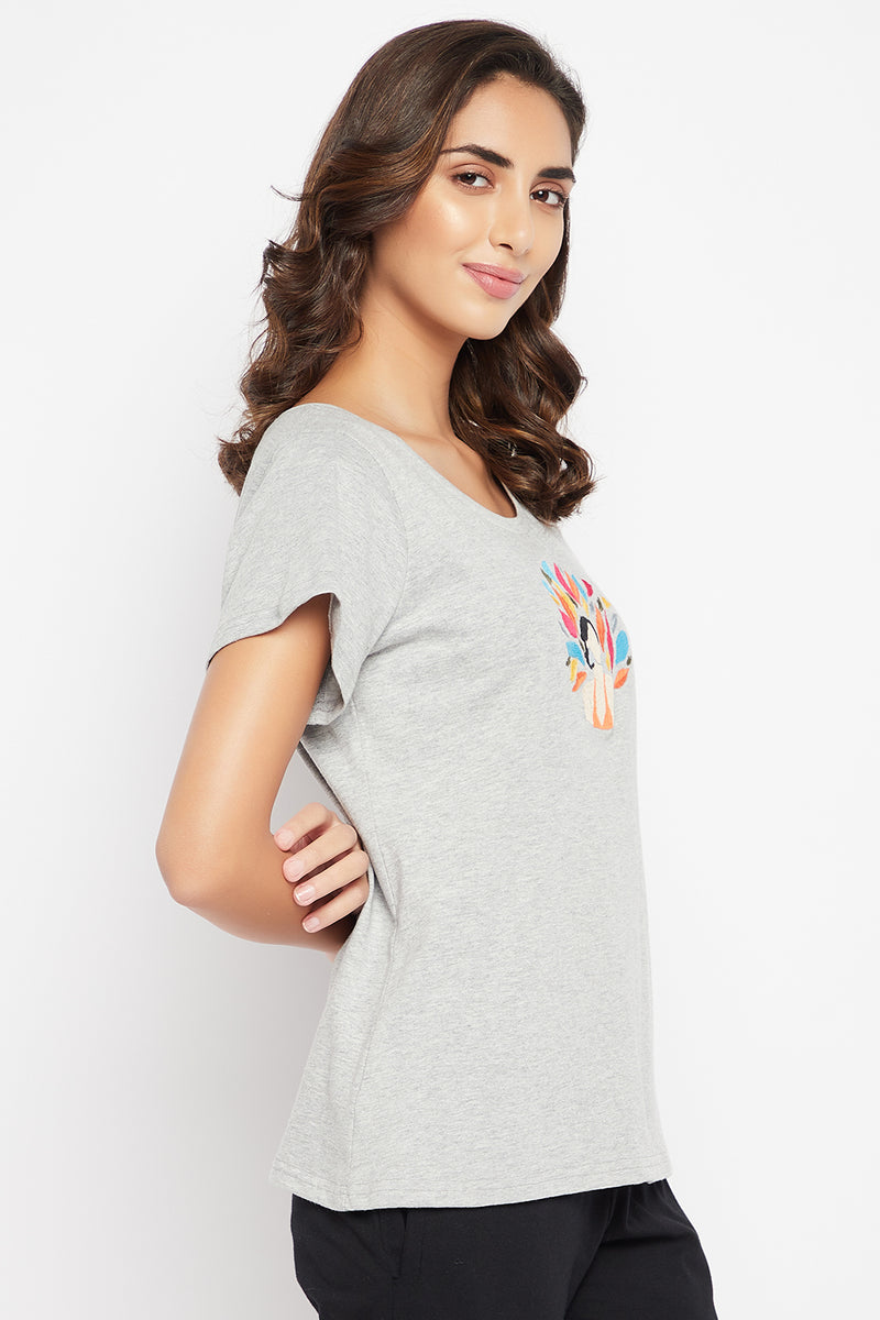 Chic Basic Graphic Embroidered Top in Light Grey - 100% Cotton