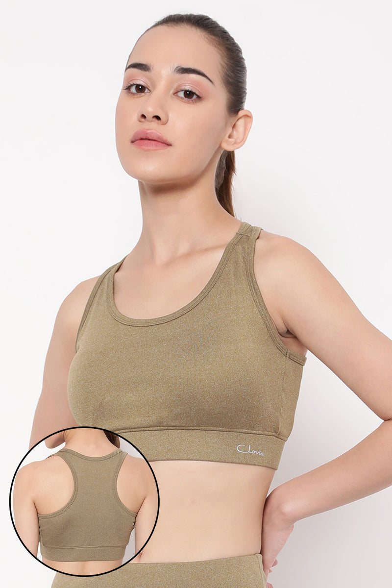 Medium Impact Padded Non-Wired Racerback Sports Bra in Olive Green