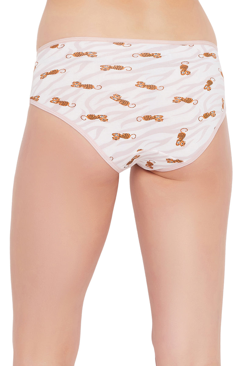 Mid Waist Animal Print Hipster Panty in White - Cotton