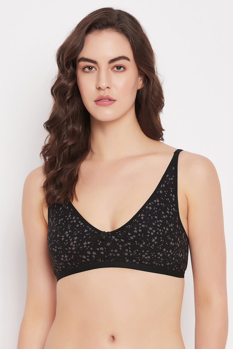 Non-Padded Non-Wired Demi Cup Floral Print Bra in Black - Cotton
