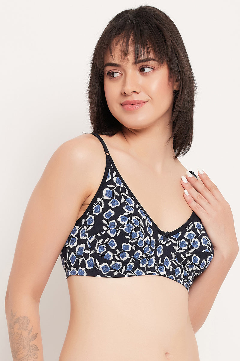 Non-Padded Non-Wired Full Cup Floral Print Bra in Navy - Cotton