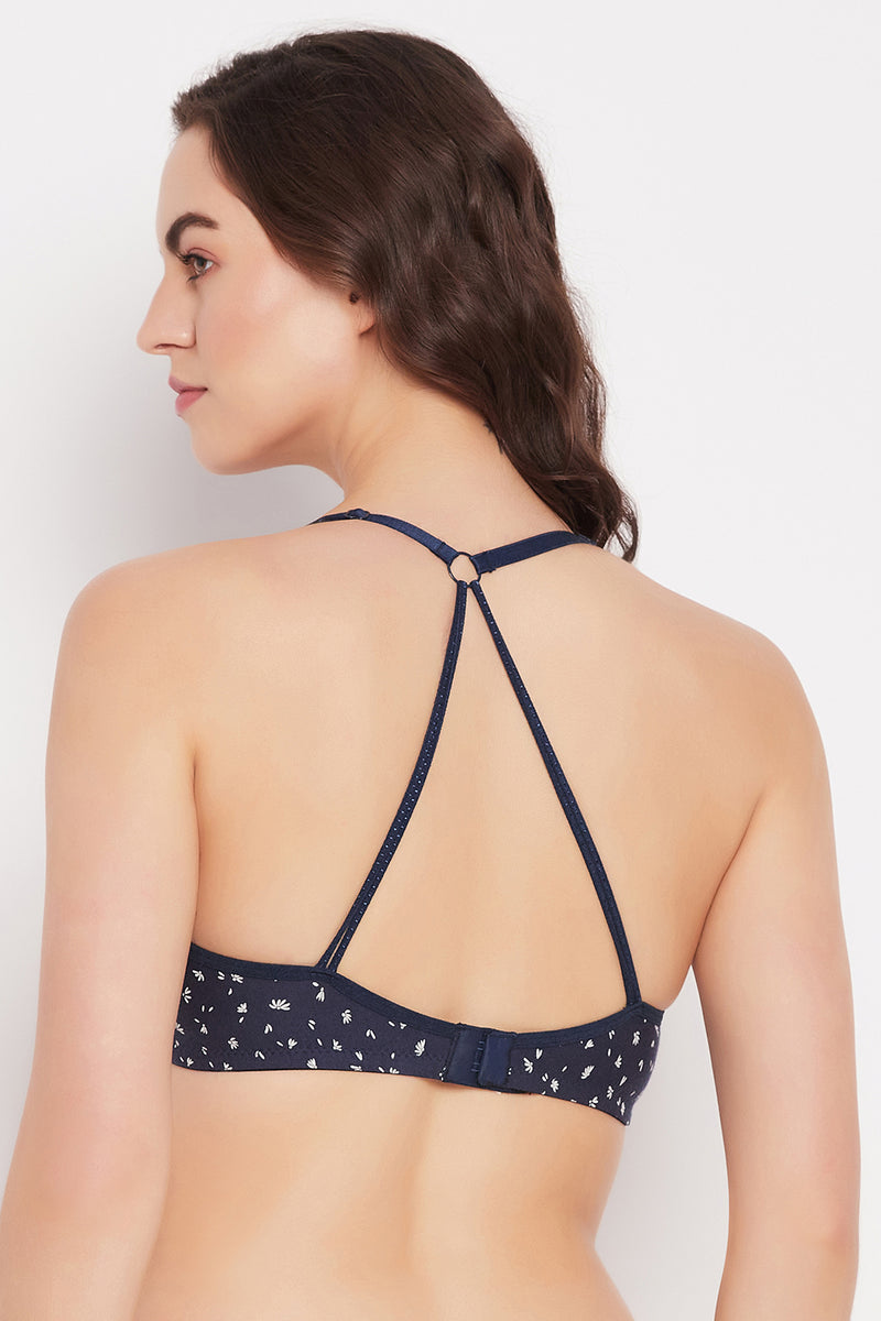 Non-Padded Non-Wired Full Cup Floral Print Racerback Bra in Navy