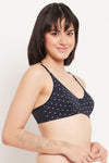Non-Padded Non-Wired Full Cup Printed Bra in Navy - Cotton