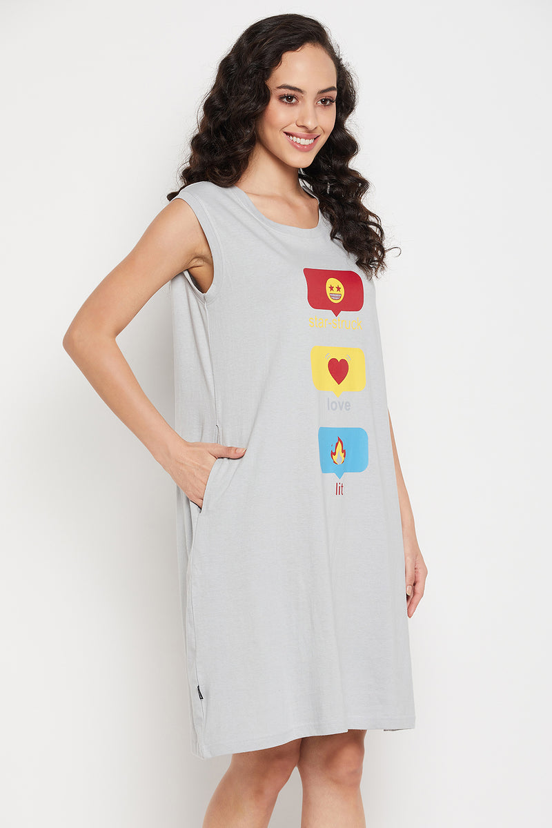 Graphic Emoji Print Short Night Dress in Light Grey - 100% Cotton