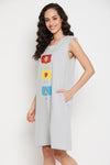 Graphic Emoji Print Short Night Dress in Light Grey - 100% Cotton