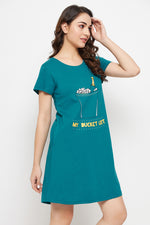 Quirky Quotes Short Night Dress in Teal Green - 100% Cotton