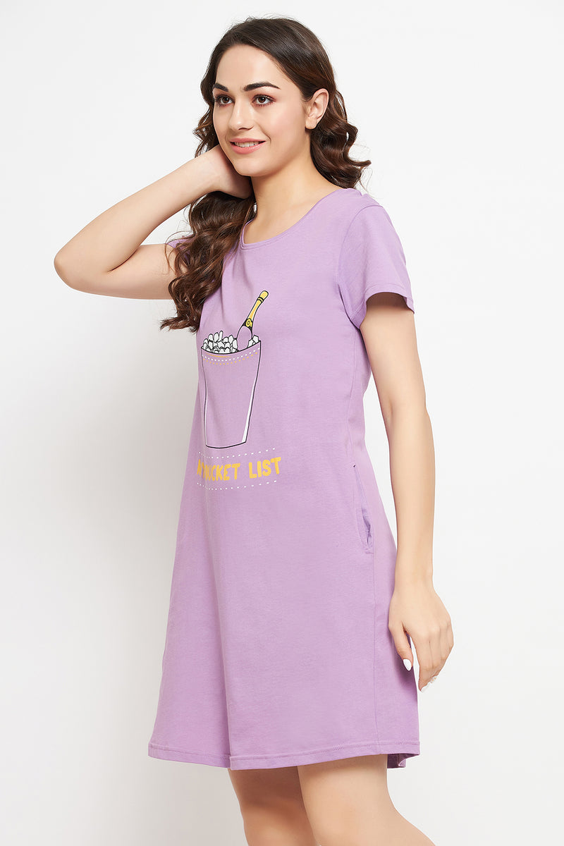 Quirky Quotes Short Night Dress in Lavender - 100% Cotton