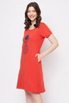 Astronaut & Moon Print Short Night Dress in Red - 100% Cotton