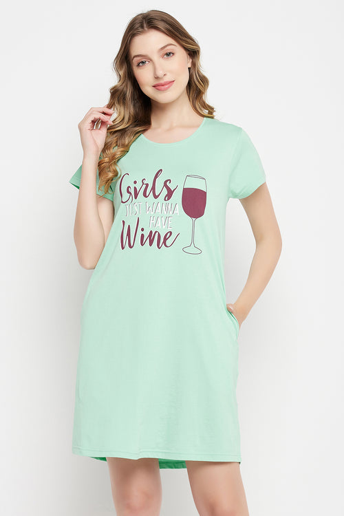 Quirky Quotes Short Night Dress in Mint Green - 100% Cotton
