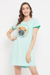 Dog Print Short Night Dress in Baby Blue - 100% Cotton