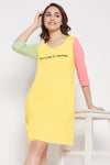 Quirky Quotes Colourblocked Short Night Dress in Yellow - 100% Cotton