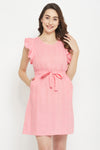 Embroidered Short Night Dress in Pink - Rayon