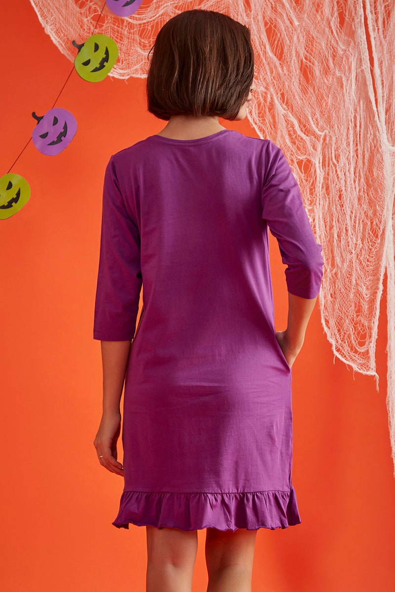 Halloween Print Short Night Dress in Purple - 100% Cotton
