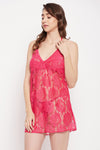 Self-Patterned Sheer Halter-Neck Babydoll with Matching G-string in Blush Pink - Lace