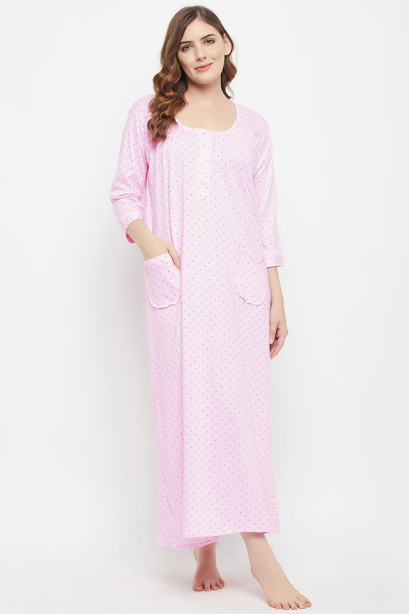 Print Me Pretty Long Nighty in Baby Pink - Cotton Rich