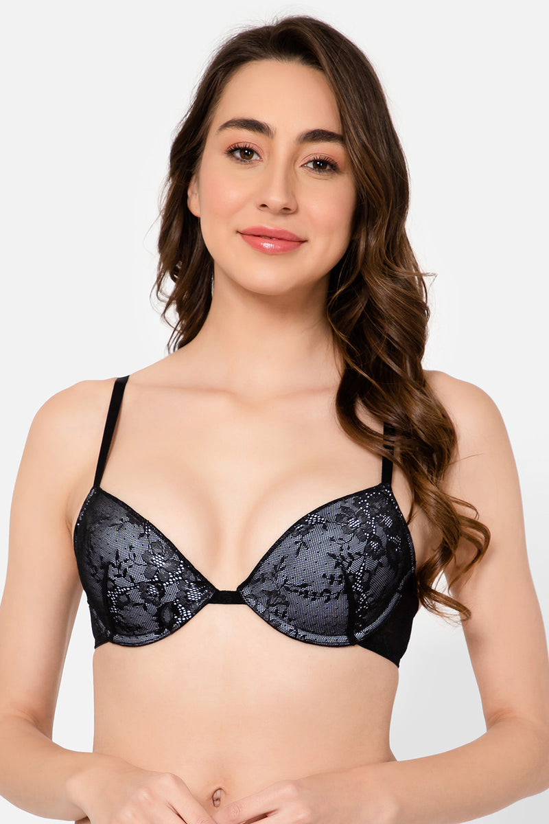 Padded Underwired Demi Cup Bra in Black - Lace