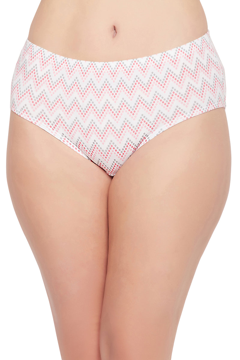 Mid Waist Chevron Print Hipster Panty in White with Inner Elastic - Cotton
