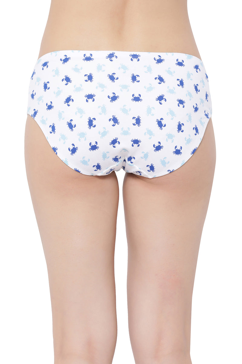Mid Waist Crab Print Hipster Panty in White with Inner Elastic - Cotton