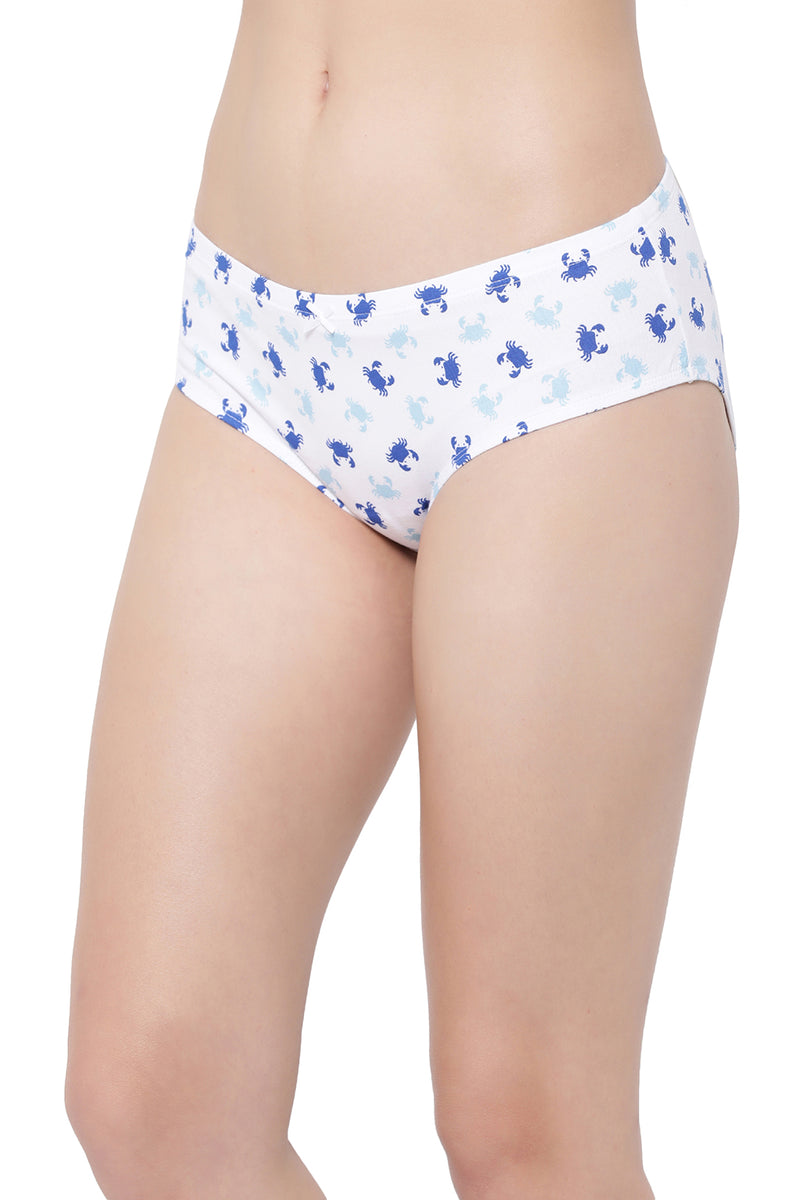 Mid Waist Crab Print Hipster Panty in White with Inner Elastic - Cotton