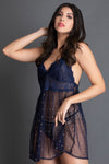 Polka Print Sheer Babydoll with Matching G-string in Navy - Lace & Mesh