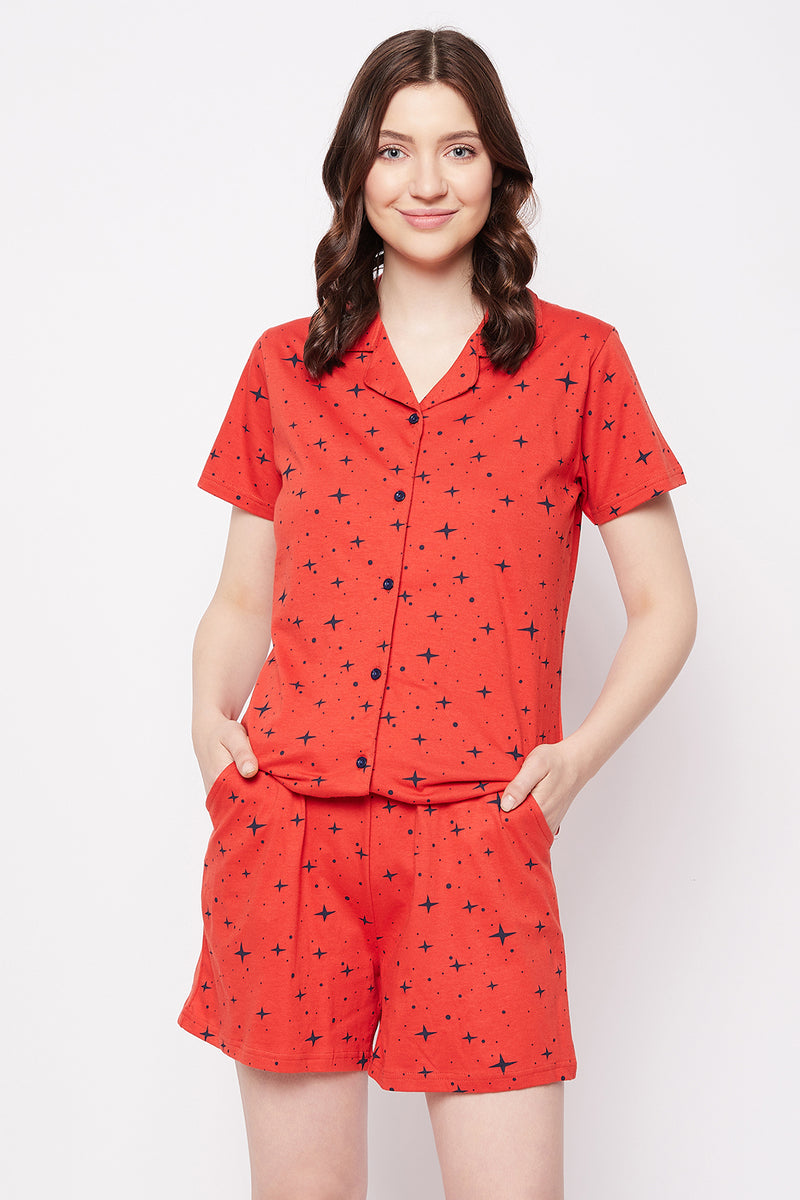 Cosmos Print Button Down Shirt & Shorts Set in Red - 100% Cotton