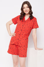 Cosmos Print Button Down Shirt & Shorts Set in Red - 100% Cotton