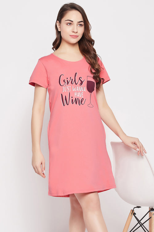 Quirky Quotes Short Night Dress in Baby Pink - 100% Cotton