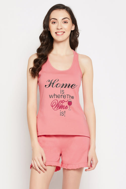 Quirky Quotes Tank Top & Chic Basic Shorts Set in Salmon Pink - 100% Cotton