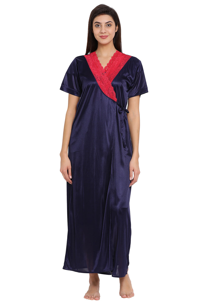 Long Robe in Navy With Lace - Satin