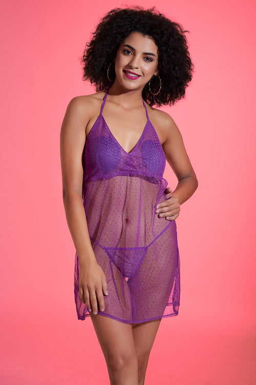 Self-Patterned Sheer Halter-Neck Babydoll with Matching Thong in Purple - Mesh