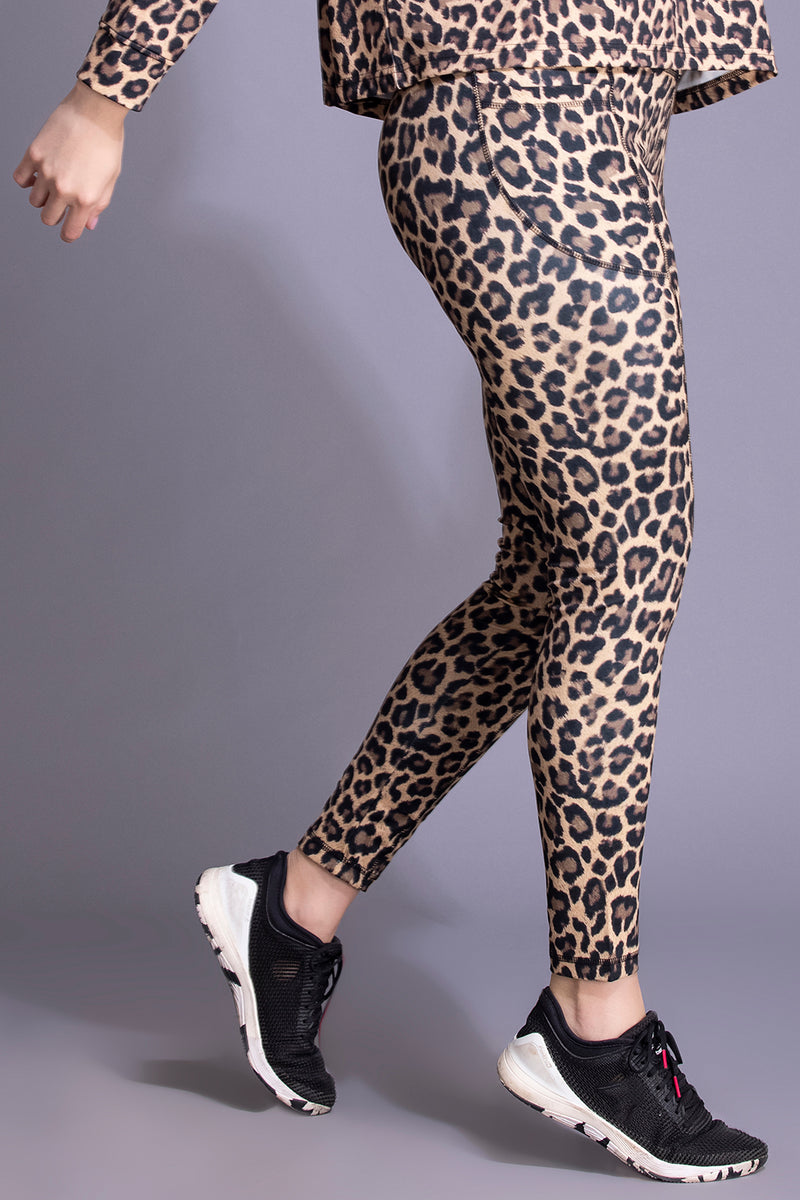 High-Rise Animal Print Active Tights in Brown with Side Pocket