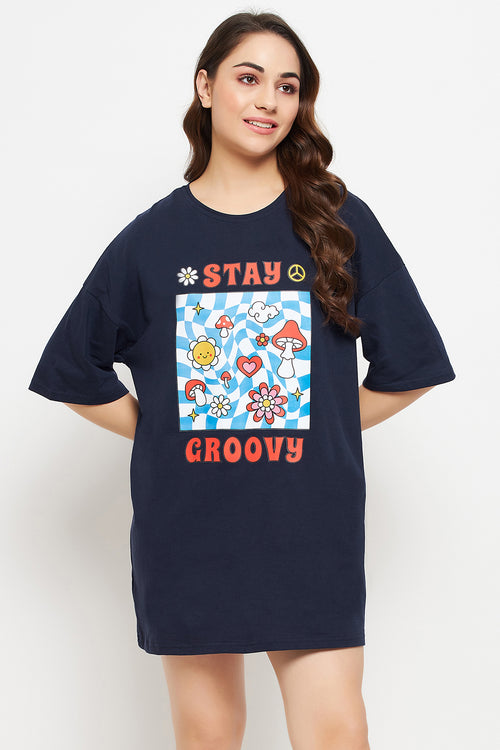 Text & Graphic Print Oversized T-shirt in Navy - 100% Cotton