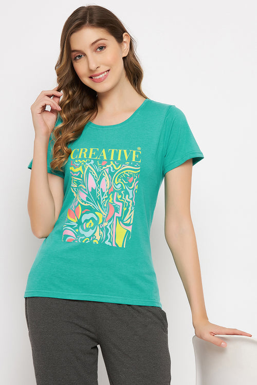 Text & Graphic Print Top in Green - 100% Cotton