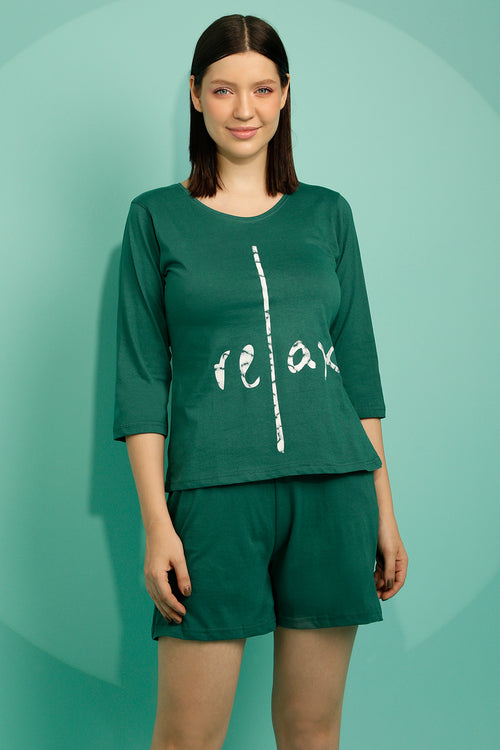 Text Print Top & Shorts Set in Teal Green - 100% Cotton