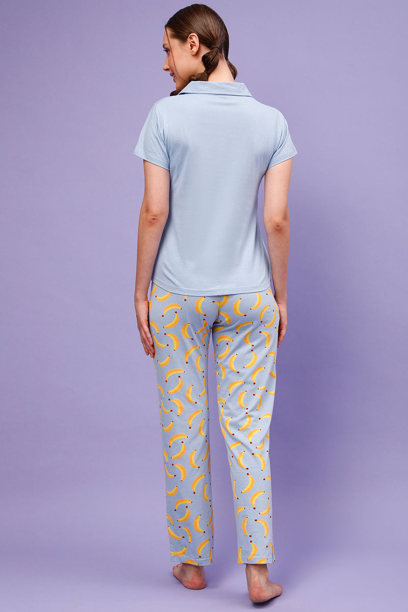 Tutti Fruity Button Down Shirt & Pyjama Set in Powder Blue - Cotton