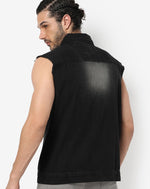 Campus Sutra Men's Dark-Washed Black Regular Fit Denim Jacket For Winter Wear | Collared Neck | Sleeveless | Buttoned | Casual Denim Jacket For Man | Western Stylish Denim Jacket For Men