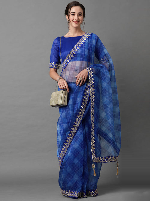 Sareemall Blue Party Wear Organza Saree With Unstitched Blouse