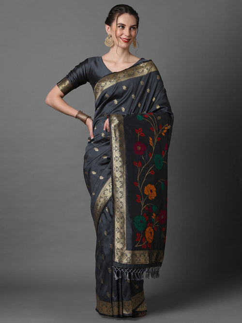 Sareemall Grey Festive Silk Blend Woven Designer Saree With Unstitched Blouse