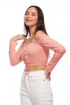 IZF Pink Off- Shouldered Lace-up Knit Top