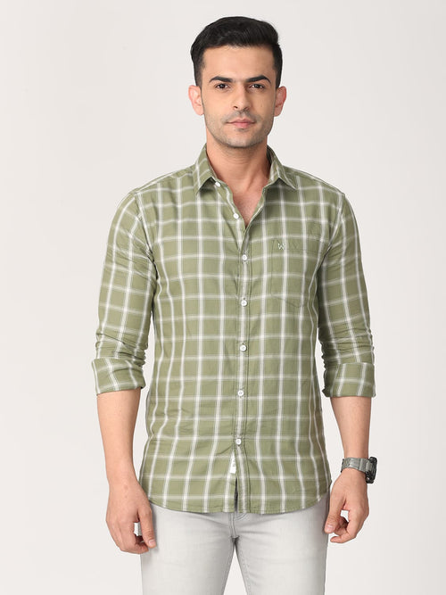 Men Moss Green & Beige Slim Fit Checked Cotton Casual Shirt