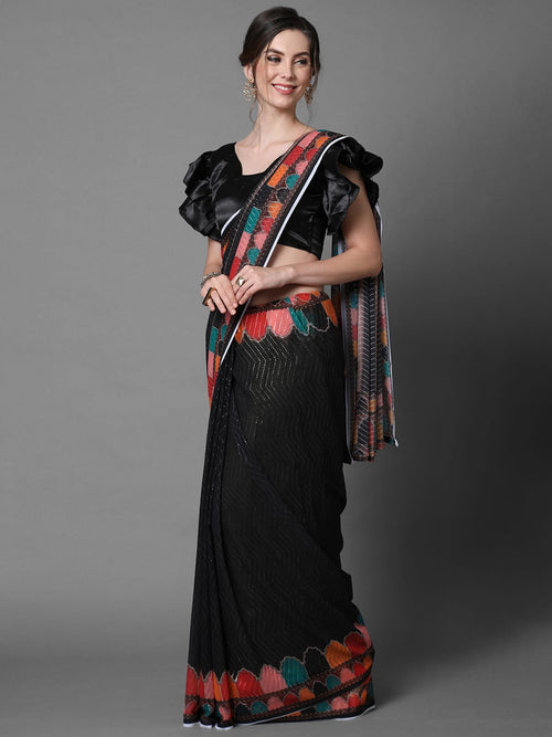 Sareemall Beige And Black Festive Wear Georgette Sequence Work Saree With Unstitched Blouse