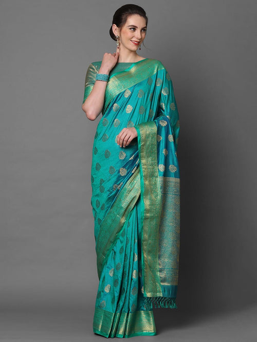 Sareemall Teal Blue Party Wear Silk Blend Woven Design Saree With Unstitched Blouse