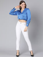 Party Wear Solid Blue Elasticated Women Partywear Satin Crop Top